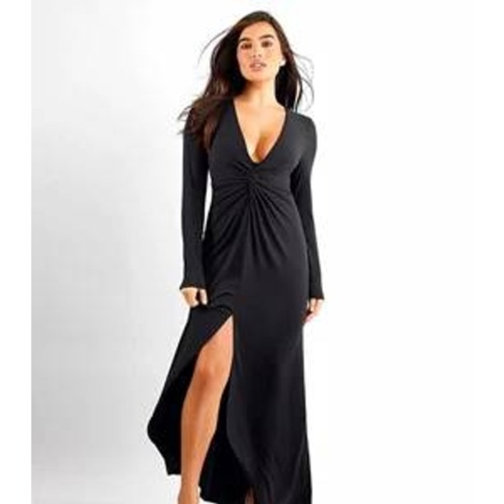 Popilush Black Ribbed Twist Front V-Neck Long Sleeve Maxi Dress Large